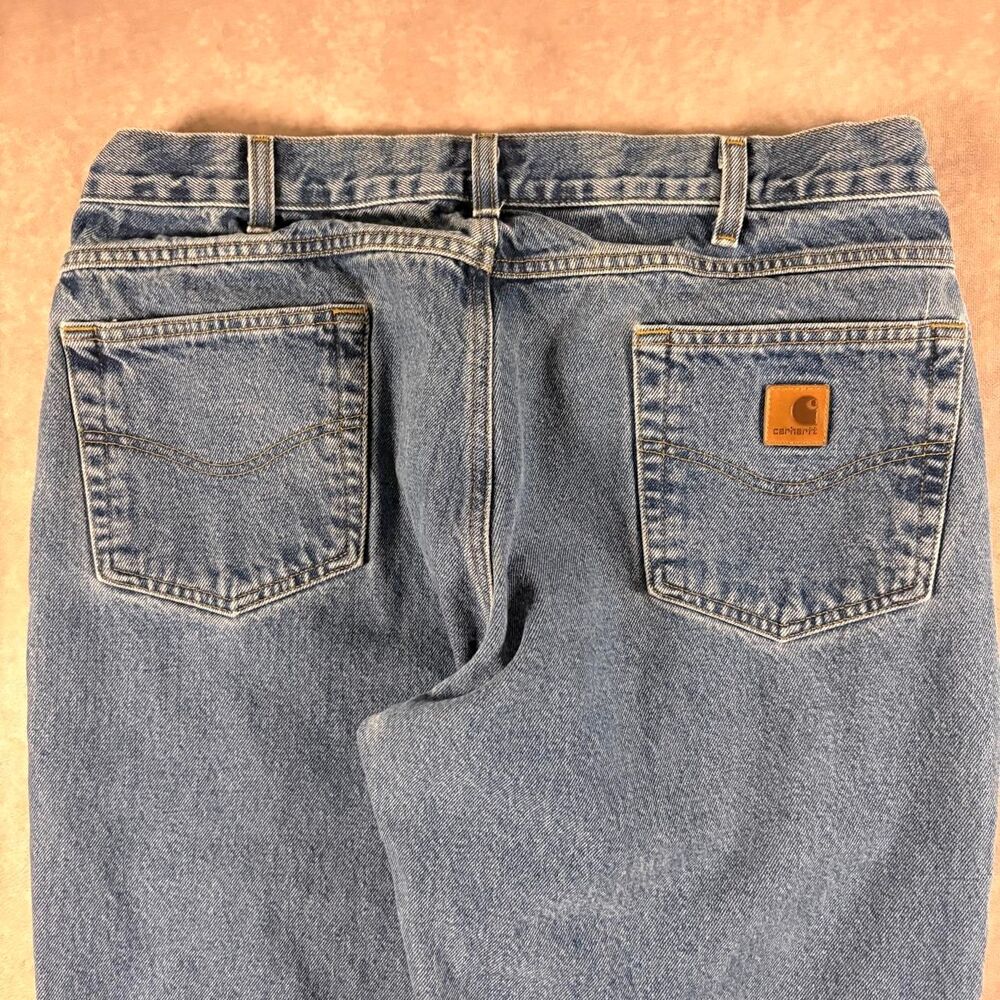 carhartt leather patch relaxed fit blue jeans